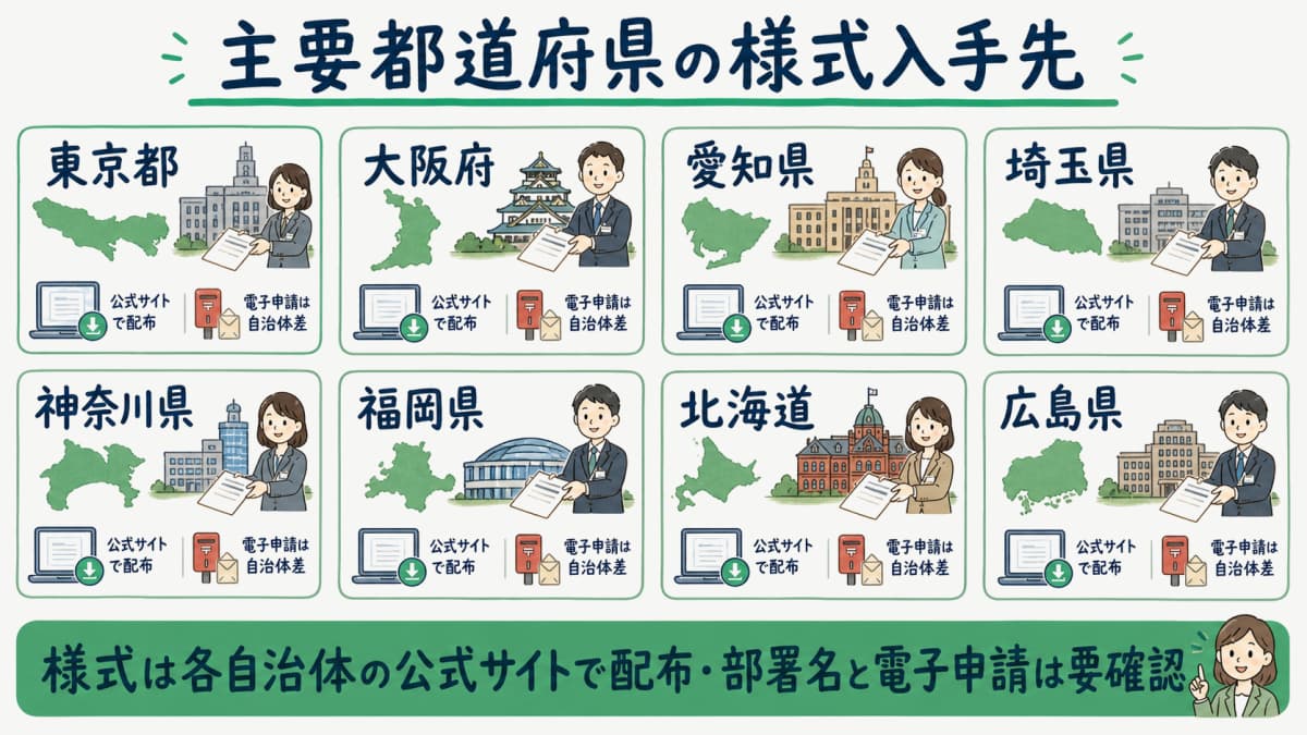 主要都道府県の産廃許可様式の入手先を一覧化した表のイメージ図