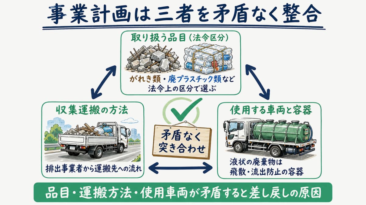 事業計画の概要欄で品目と運搬方法を整合させる記入ポイントの図