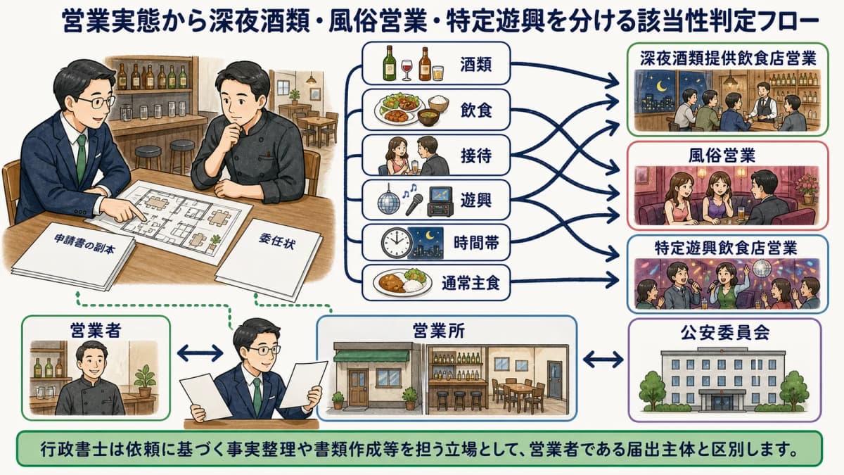 営業実態から深夜酒類・風俗営業・特定遊興を分ける該当性判定フロー