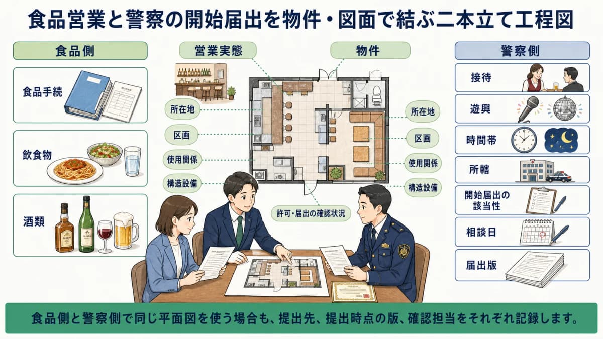 食品営業と警察の開始届出を物件・図面で結ぶ二本立て工程図