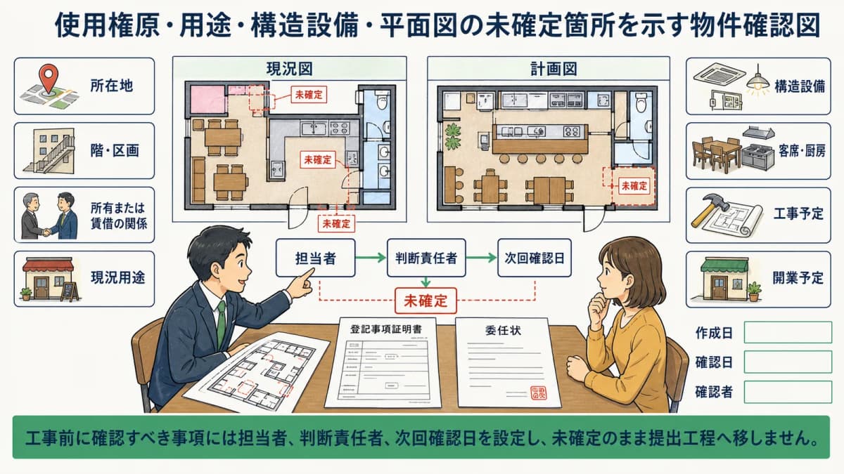 使用権原・用途・構造設備・平面図の未確定箇所を示す物件確認図