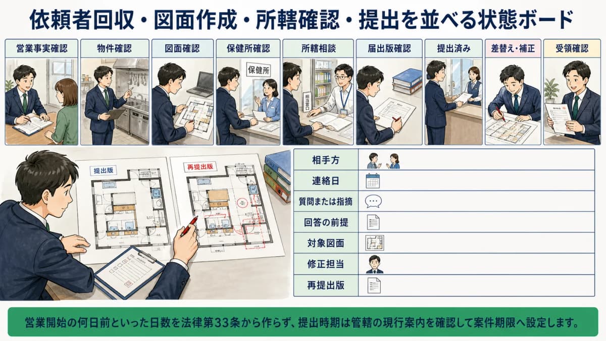 依頼者回収・図面作成・所轄確認・提出を並べる状態ボード