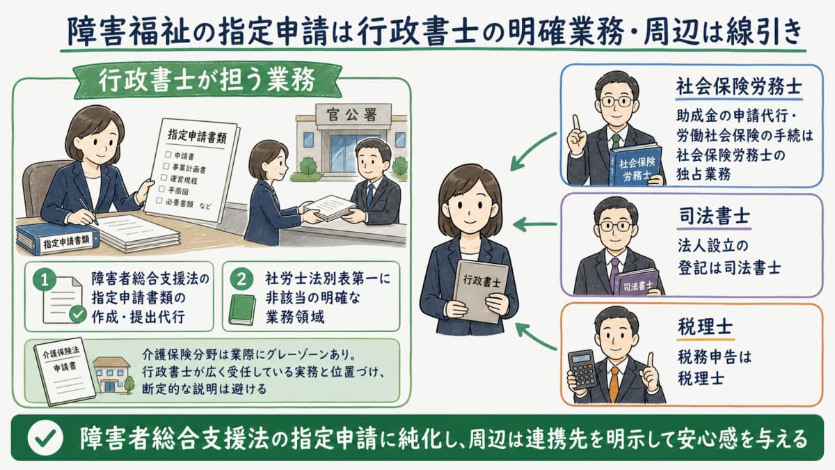 障害福祉サービスの指定申請における行政書士の業務領域と、社労士・司法書士・税理士との線引きを示した図