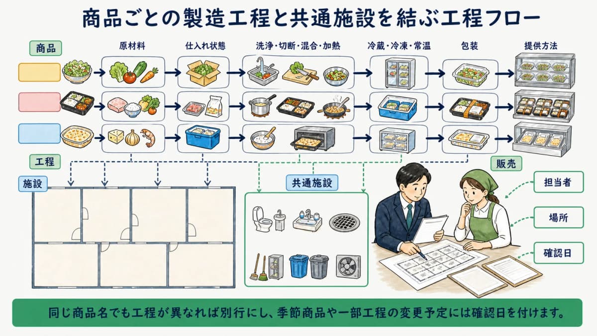 商品ごとの製造工程と共通施設を結ぶ工程フロー