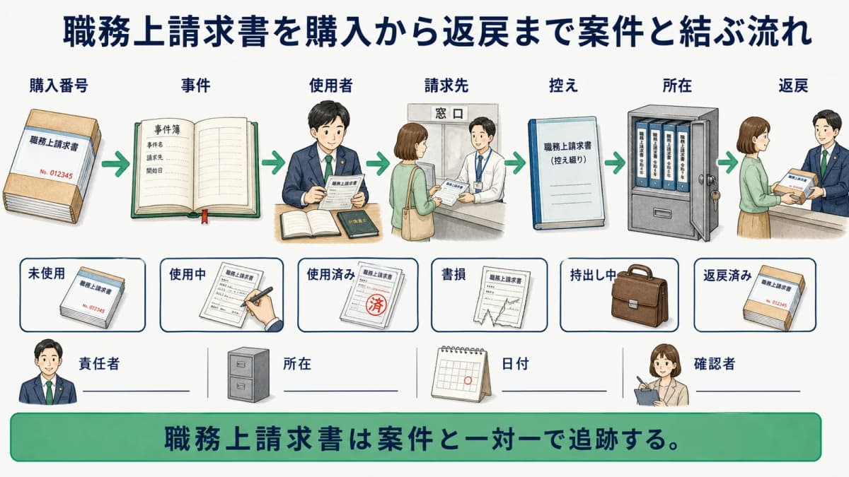 職務上請求書を購入から返戻まで案件と結ぶ流れ