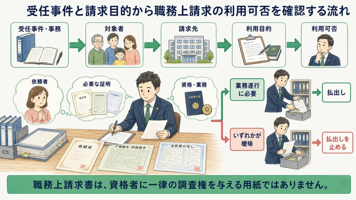 受任事件と請求目的から職務上請求の利用可否を確認する流れ
