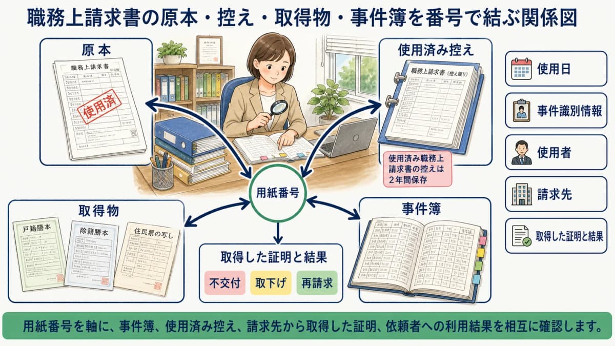 職務上請求書の原本・控え・取得物・事件簿を番号で結ぶ関係図