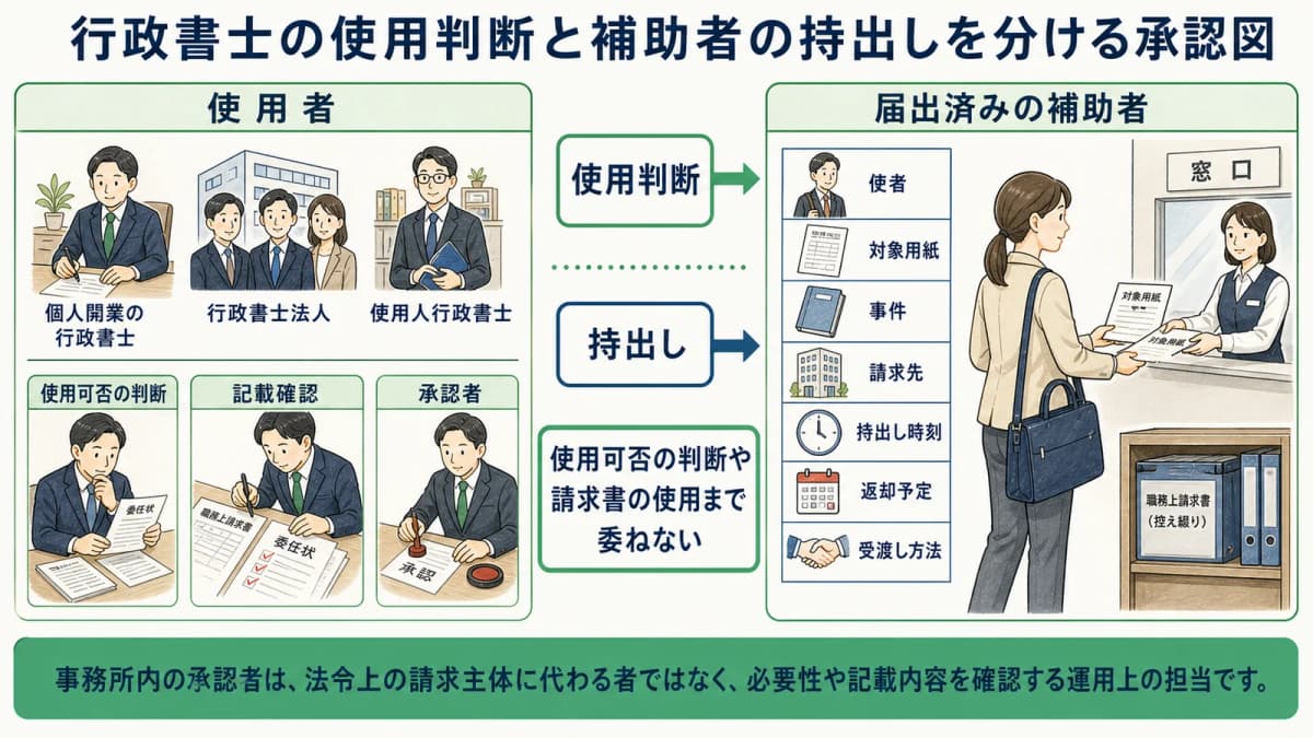 行政書士の使用判断と補助者の持出しを分ける承認図