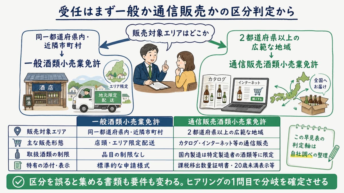 一般酒類小売業免許と通信販売酒類小売業免許の区分判定フローチャート