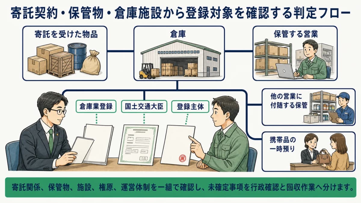 寄託契約・保管物・倉庫施設から登録対象を確認する判定フロー