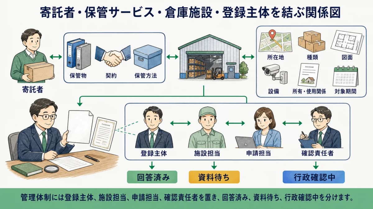 寄託者・保管サービス・倉庫施設・登録主体を結ぶ関係図