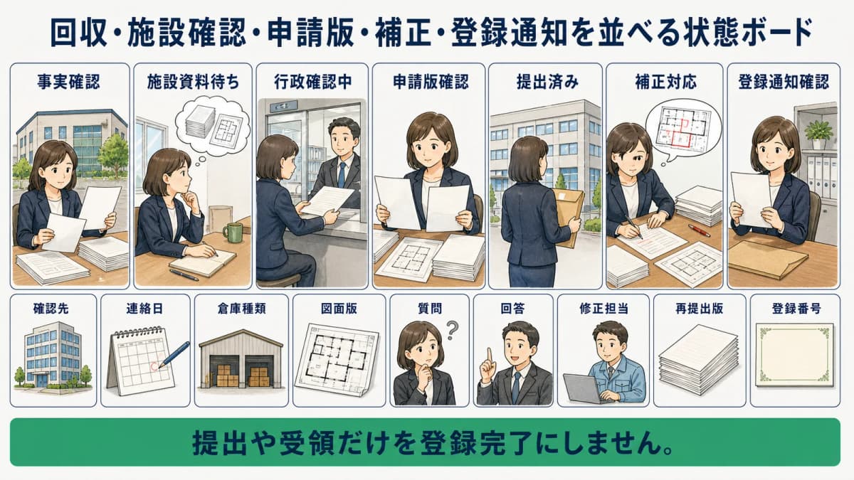 回収・施設確認・申請版・補正・登録通知を並べる状態ボード