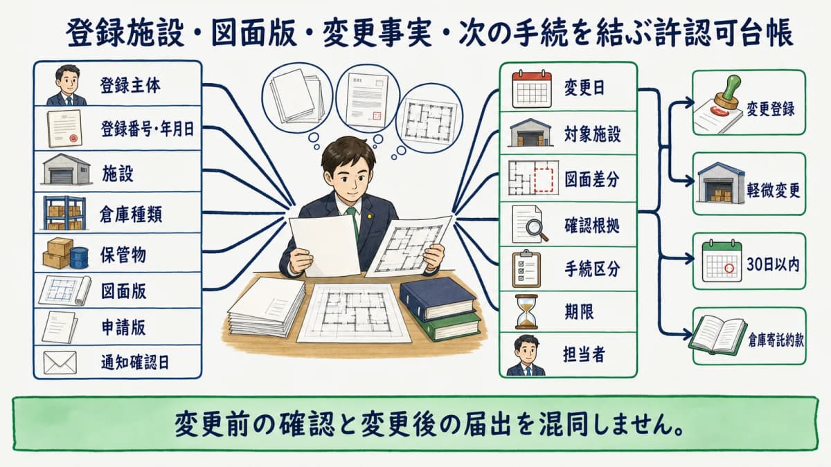 登録施設・図面版・変更事実・次の手続を結ぶ許認可台帳