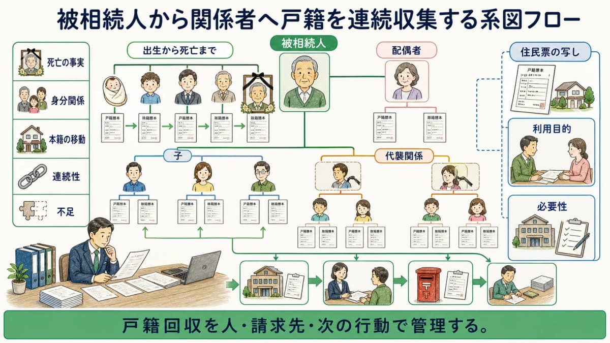 被相続人から関係者へ戸籍を連続収集する系図フロー