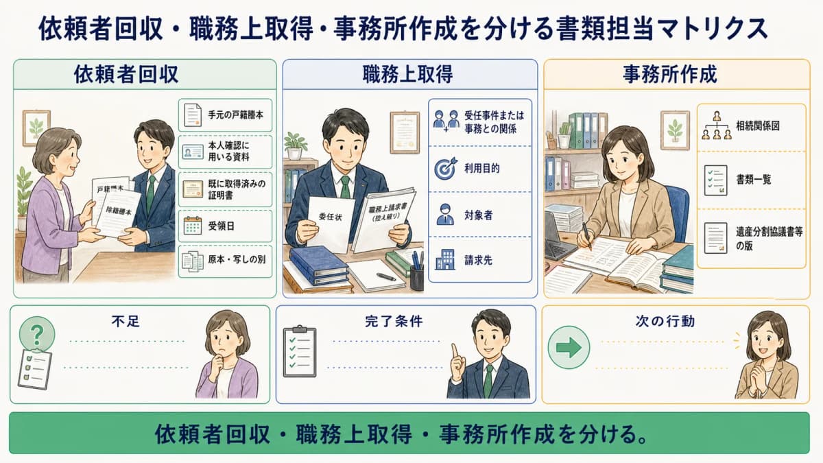 依頼者回収・職務上取得・事務所作成を分ける書類担当マトリクス