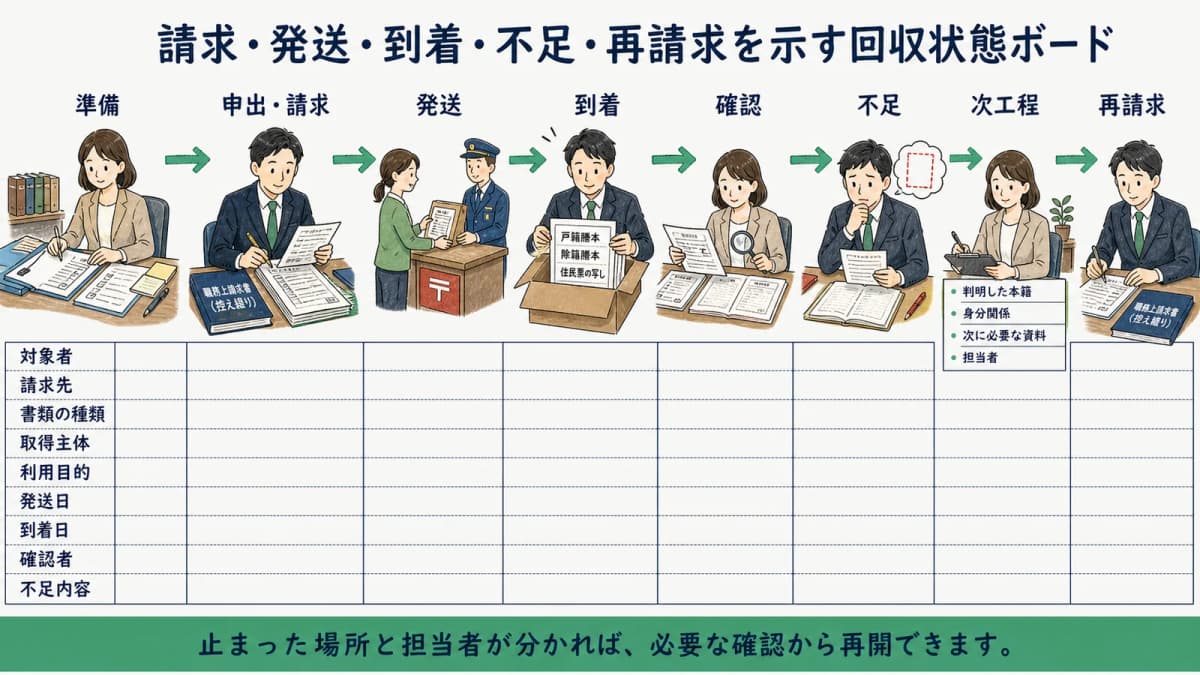 請求・発送・到着・不足・再請求を示す回収状態ボード