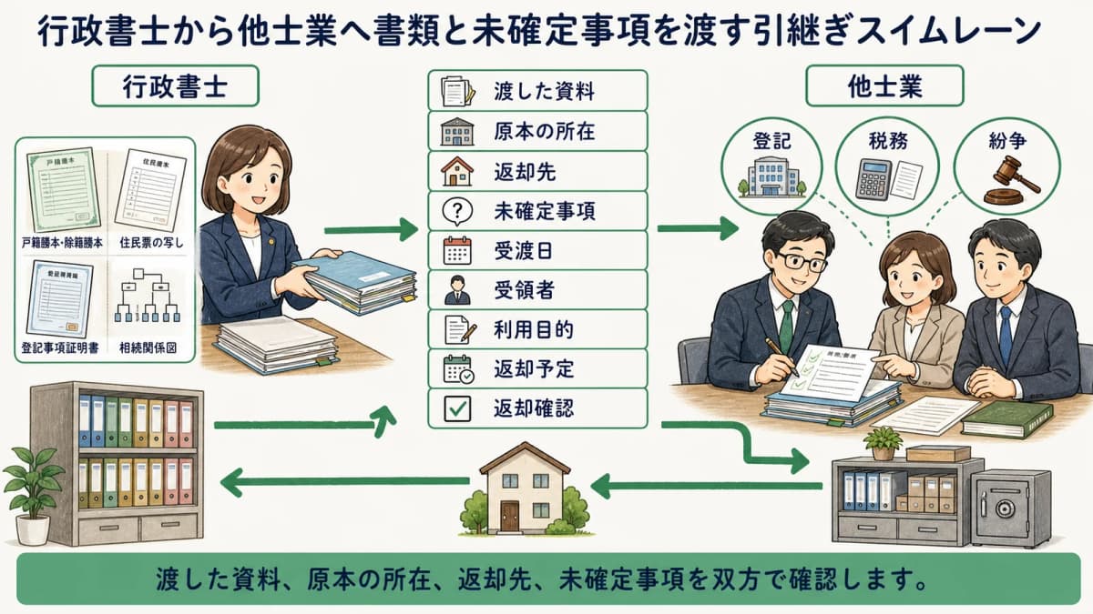 行政書士から他士業へ書類と未確定事項を渡す引継ぎスイムレーン