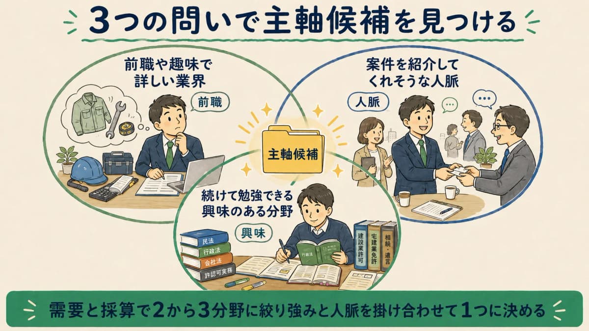 強み・人脈と分野を掛け合わせて主軸を決める図