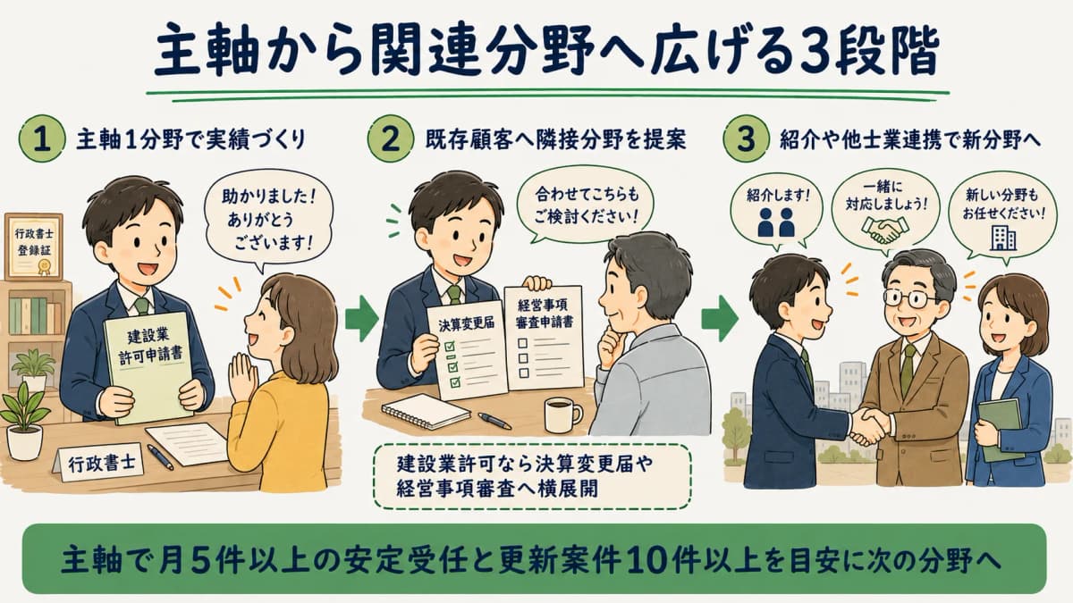 主軸から関連分野へ段階的に広げる展開図