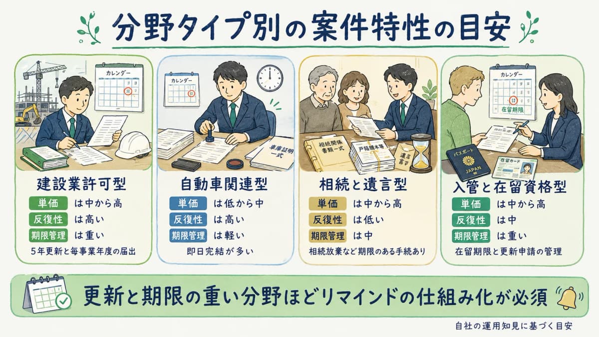 分野別の案件特性(単価・反復性・期限管理の重さ)の比較表