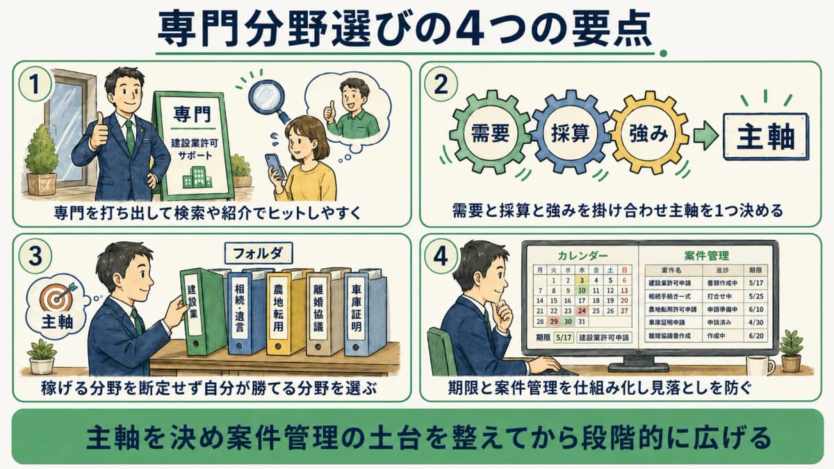 需要・採算・強みで主軸を決め段階的に広げるまとめ図