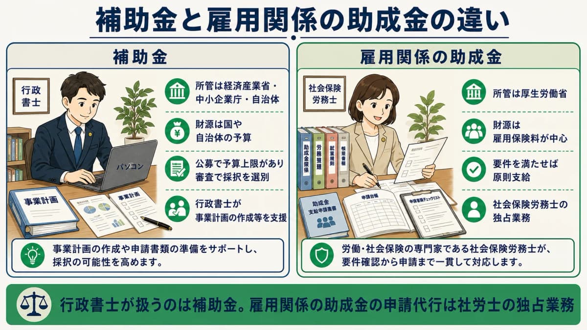 補助金と助成金の所管・財源・担い手の違いを示す比較図