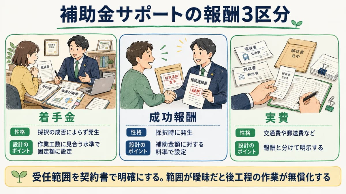 着手金・成功報酬・実費の3区分と受任範囲の明確化を示す図
