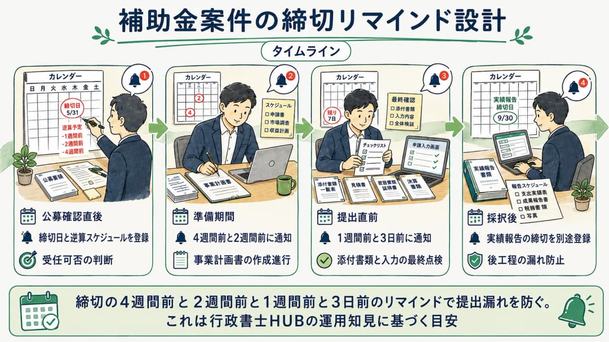 補助金案件の多段階締切リマインド設計を時系列で示す図