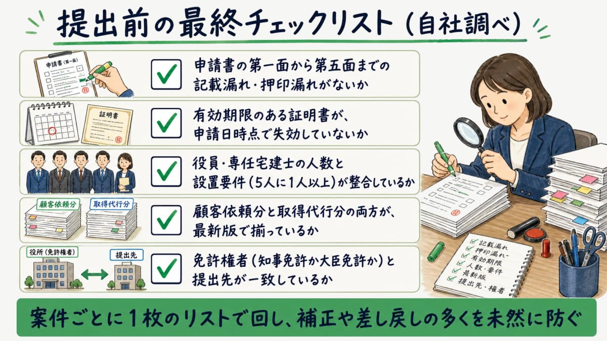 提出前の最終チェック項目を一覧化したチェックリストの図解
