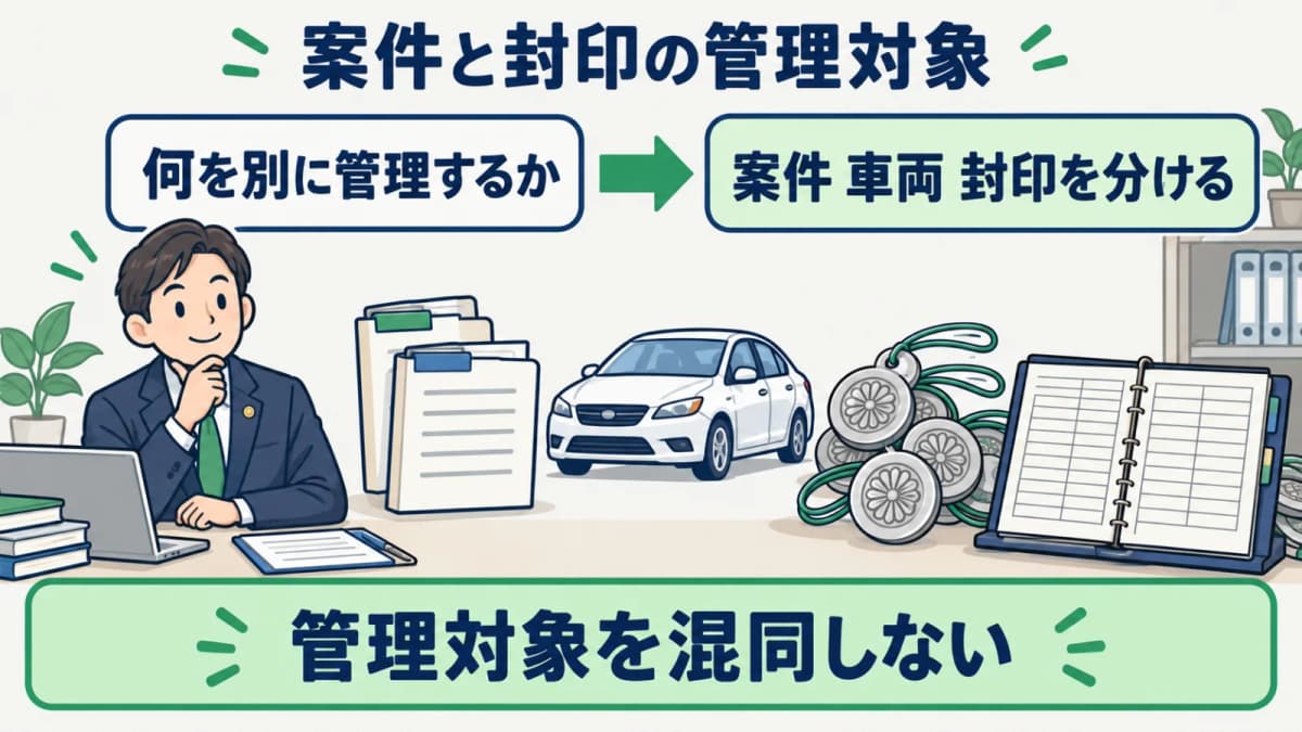 案件・車両・封印の管理対象を分ける三層図