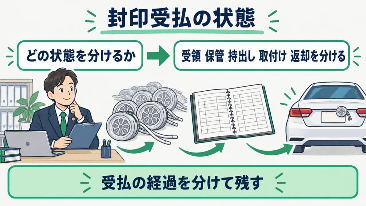 受領・保管・持出し・取付け・返却を分けた状態遷移図