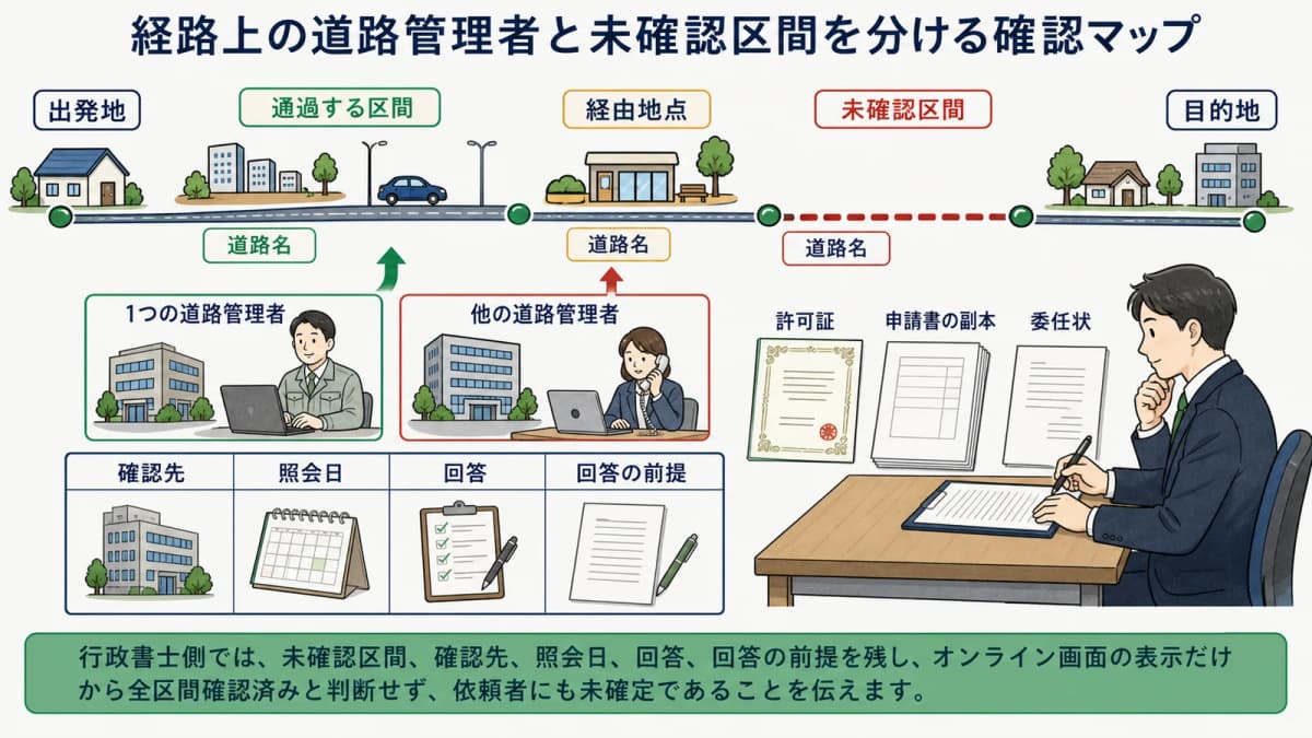 経路上の道路管理者と未確認区間を分ける確認マップ