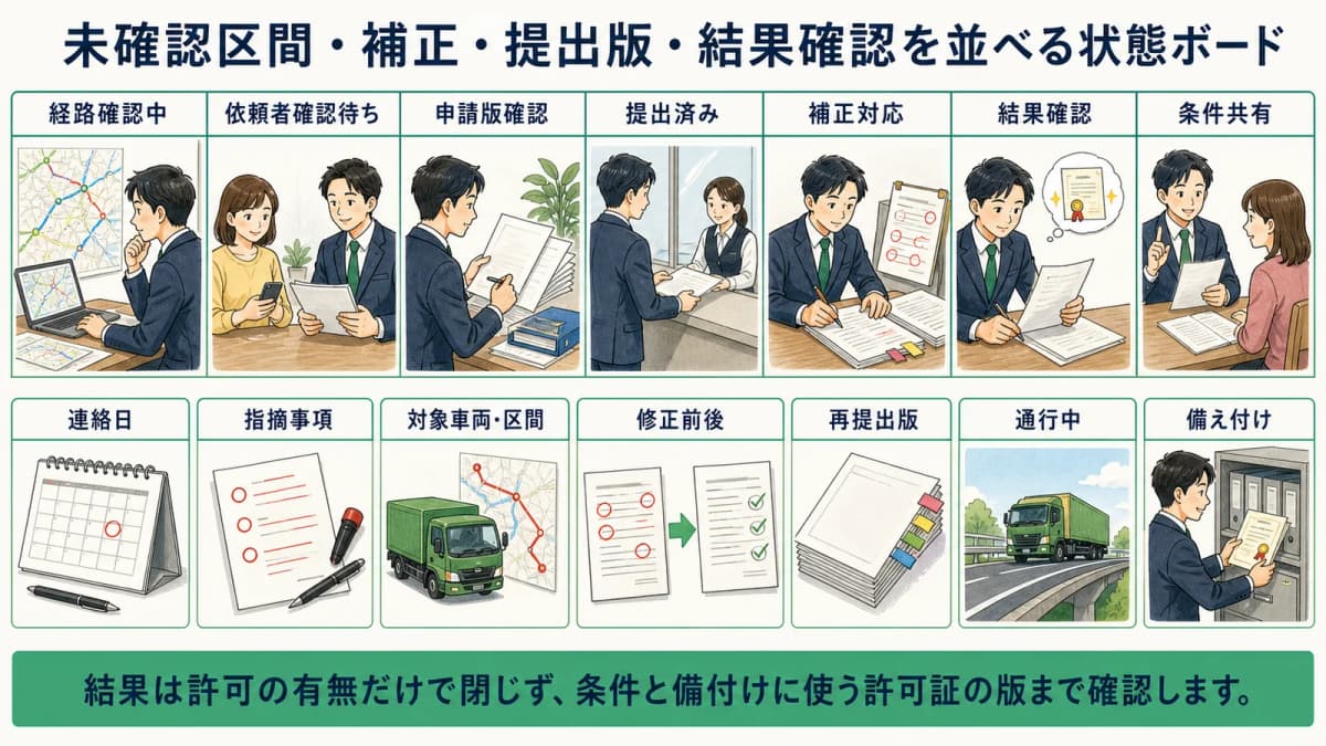 未確認区間・補正・提出版・結果確認を並べる状態ボード