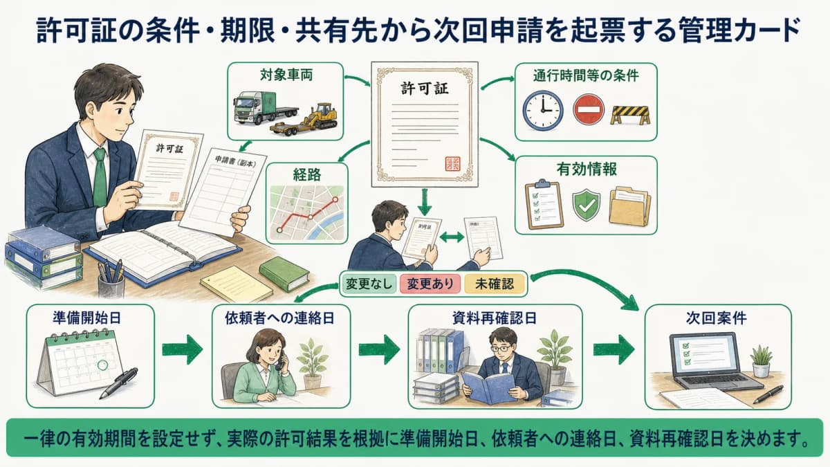 許可証の条件・期限・共有先から次回申請を起票する管理カード