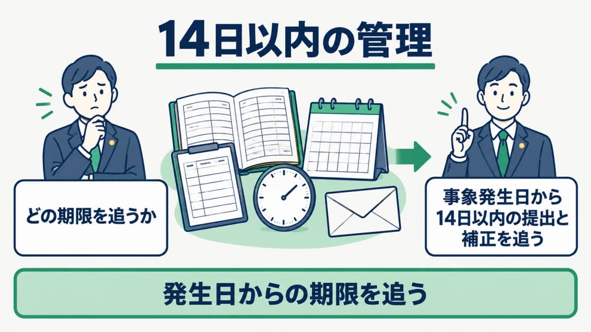 発生日から14日以内の提出・補正を管理する図