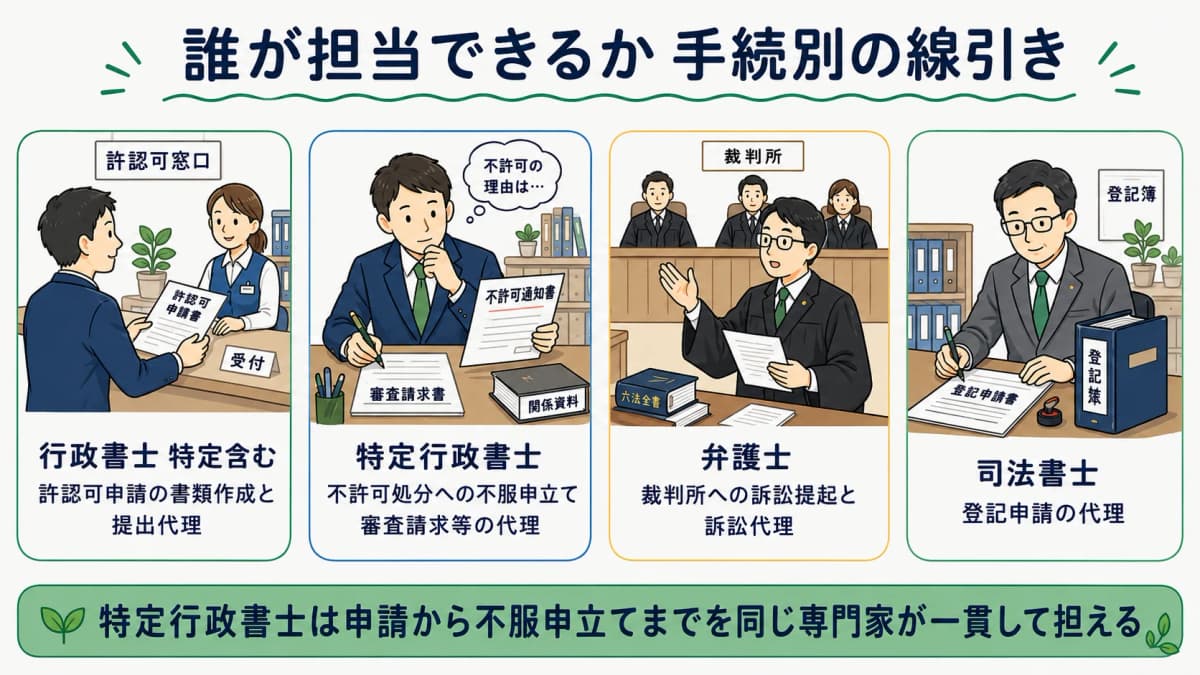 不服申立ての代理範囲と他士業との線引きを示す図