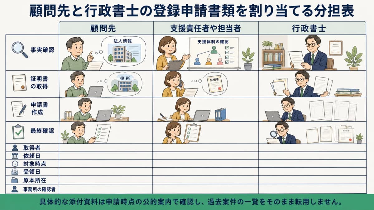 顧問先と行政書士の登録申請書類を割り当てる分担表