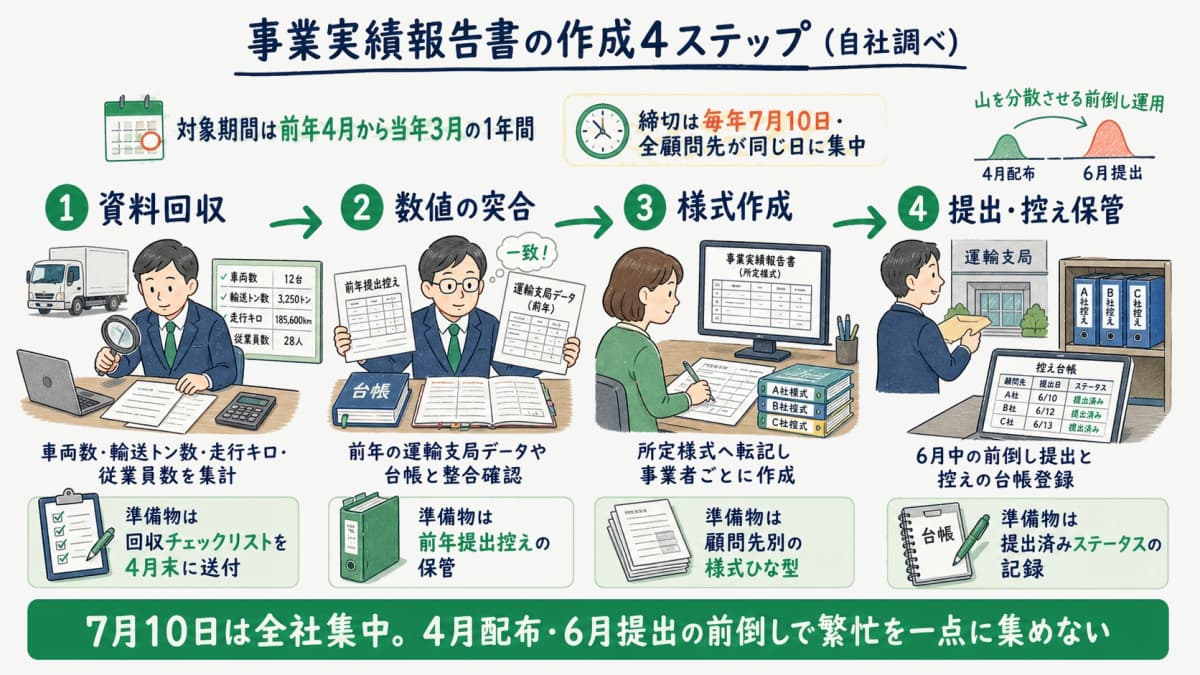 事業実績報告書の作成手順4ステップを資料回収から控え保管まで示したフロー図