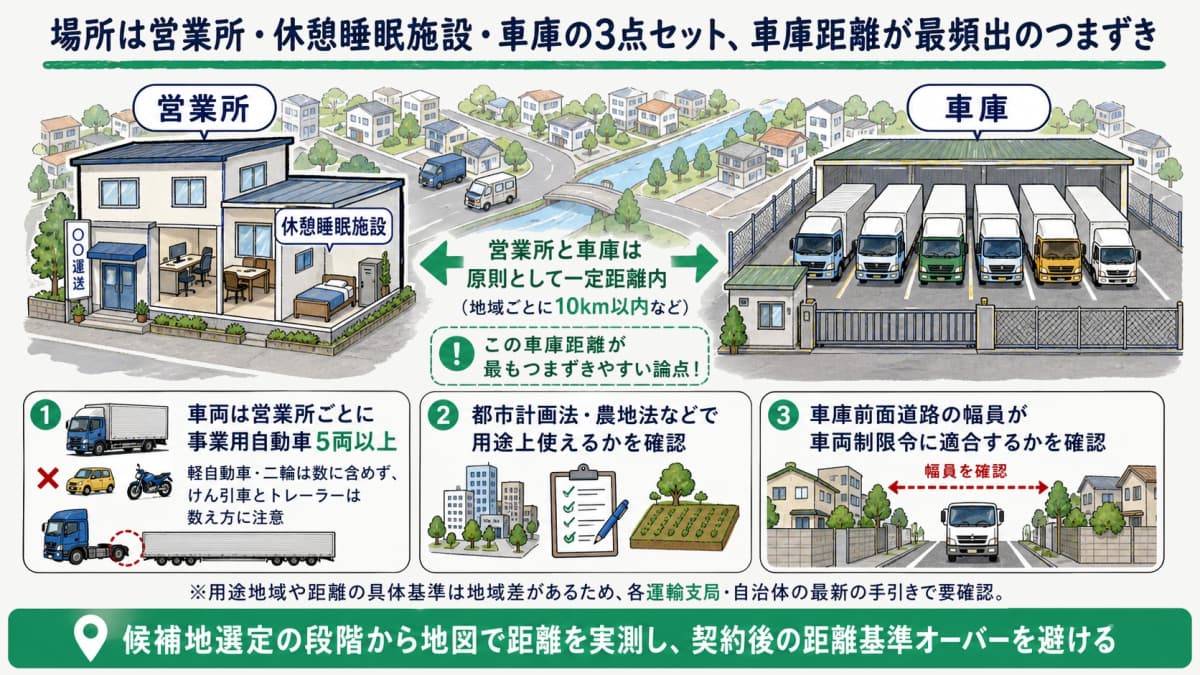 営業所・休憩睡眠施設・車庫の配置と車庫距離の基準を示す図解
