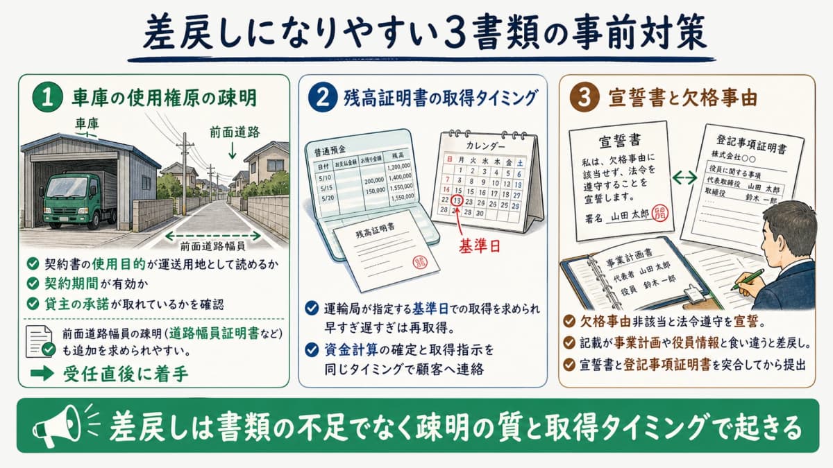 差戻しになりやすい車庫使用権原・残高証明・宣誓書の事前対策を示した図解