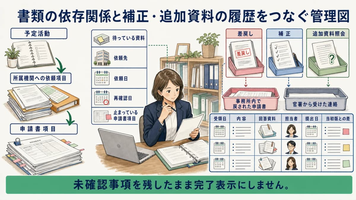 書類の依存関係と補正・追加資料の履歴をつなぐ管理図