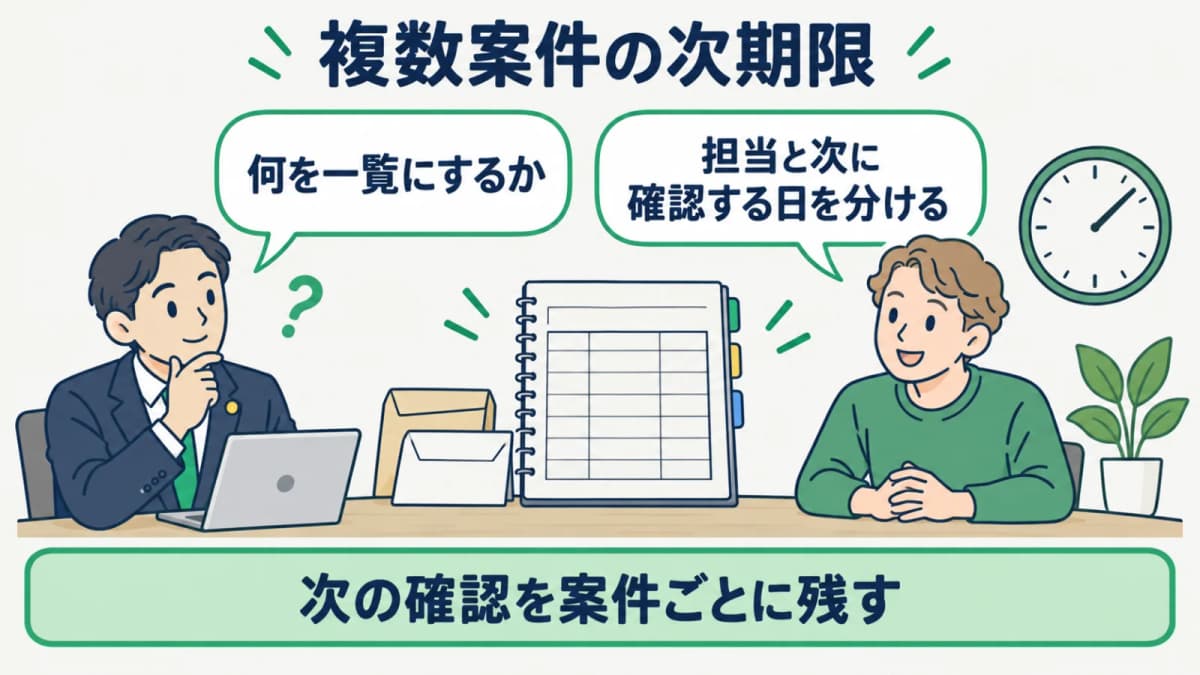 複数の在留案件で担当者と次期限を一覧化する例