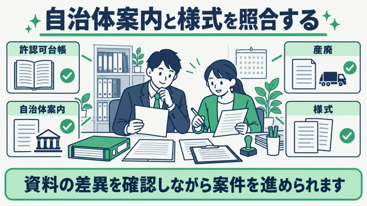 産廃の実績報告で自治体案内と様式を照合する図