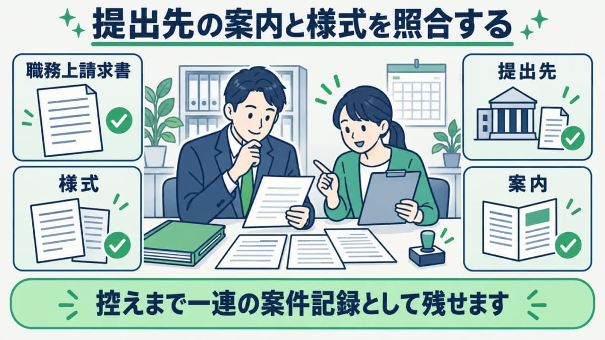 職務上請求書の様式と提出先案内を照合する確認順