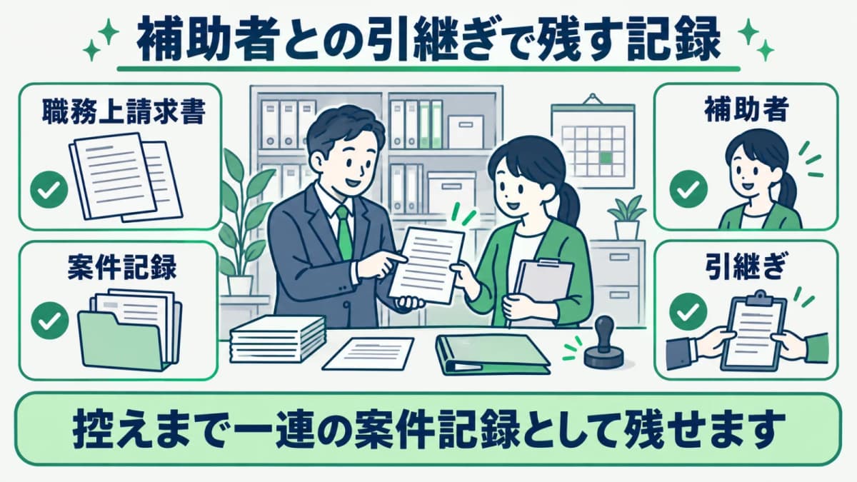職務上請求書の案件記録を補助者へ引き継ぐ図