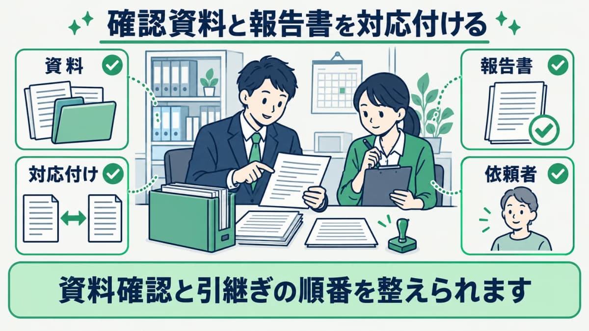 測量業の財務に関する報告と確認資料を対応付ける図