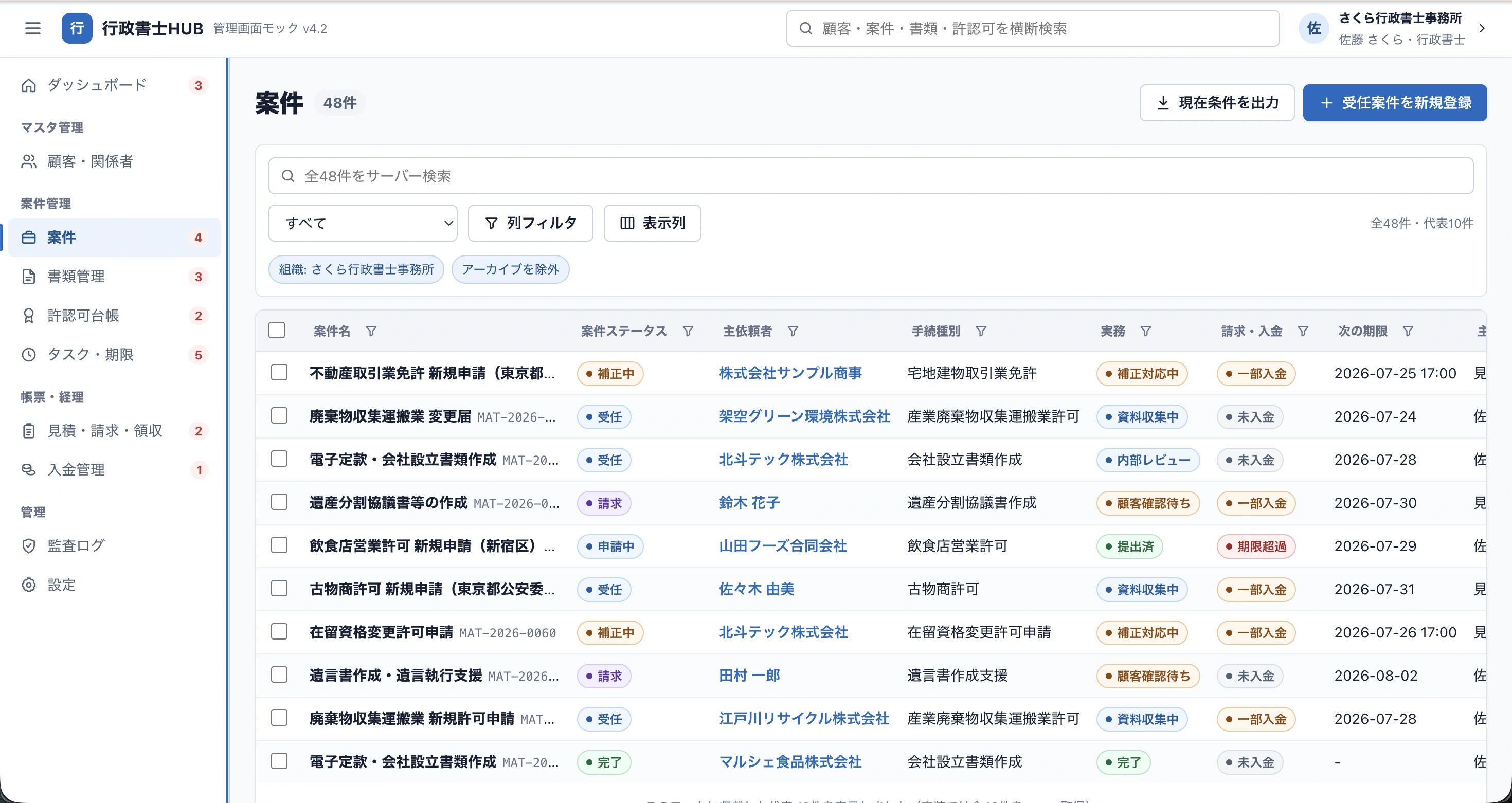 行政書士HUBの案件画面